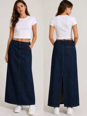 Y2K Tommy Hilfiger Denim Maxi Skirt Back Slit Dark Wash Size 10 Pockets Preppy
